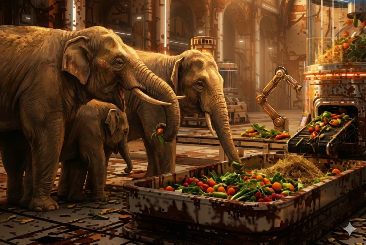 Elephant family eating from futuristic automated feeding troughs in an ancient city
