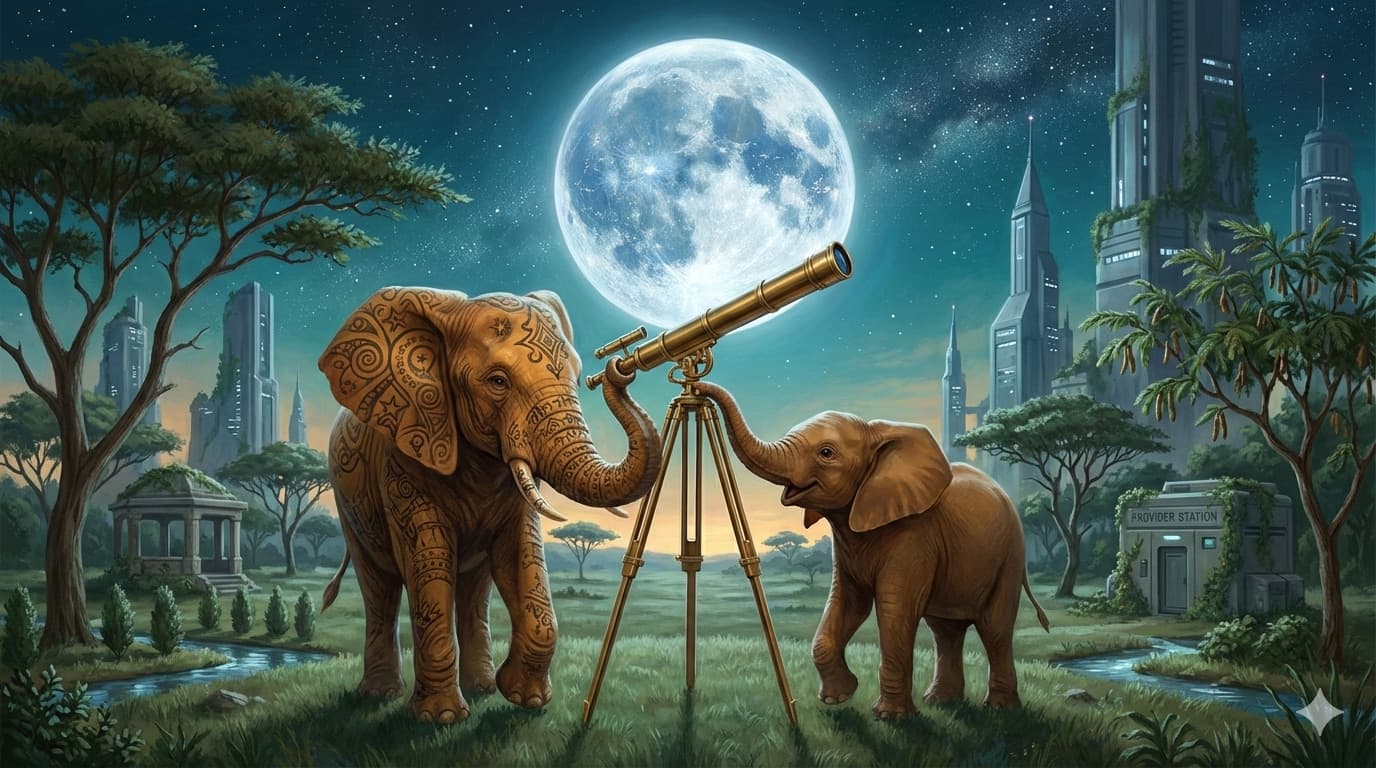 Two elephants studying the moon through a telescope in a futuristic city at night