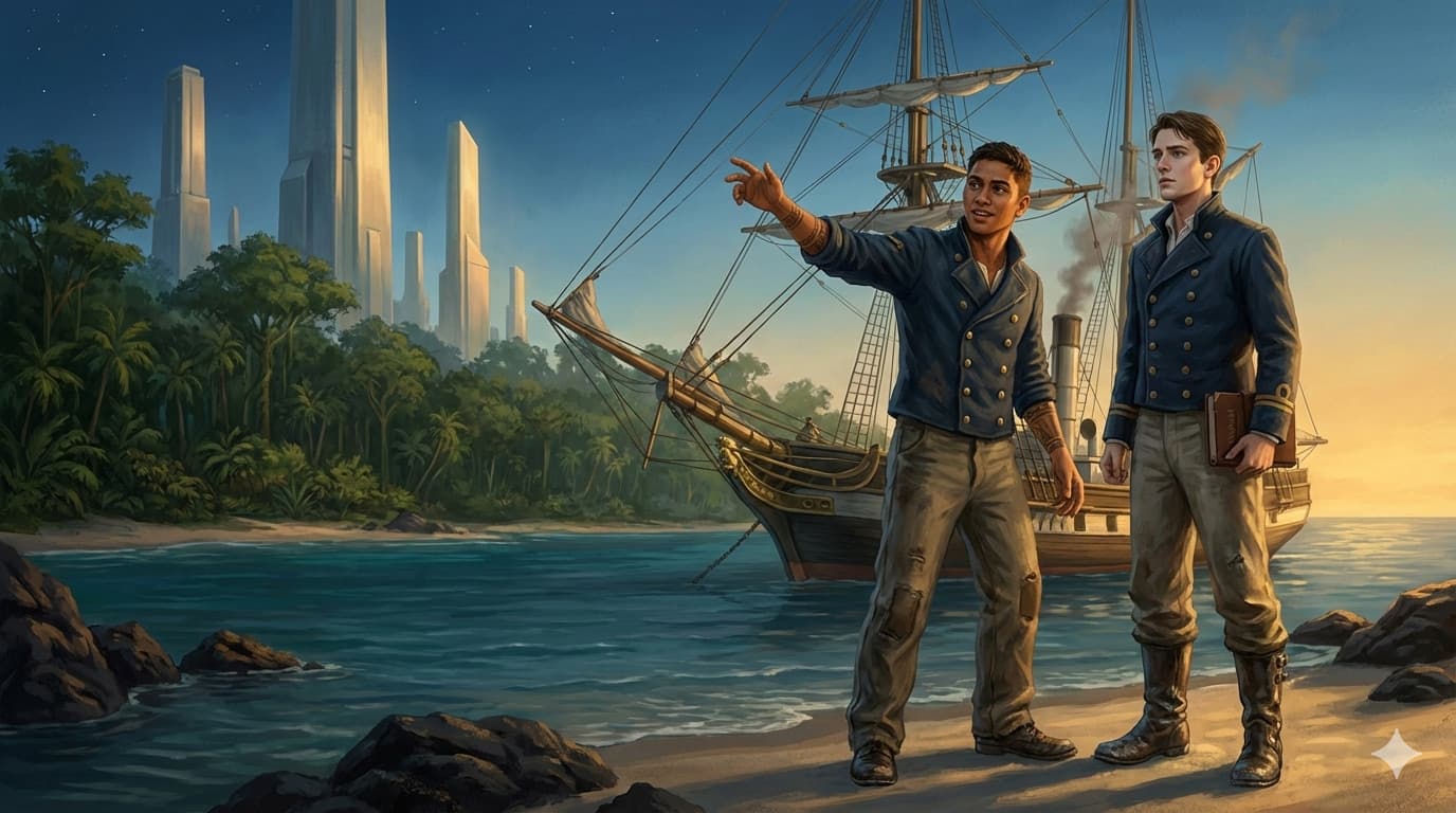 Kai and Dom, two young sailors standing on a beach with their ship and futuristic towers behind them