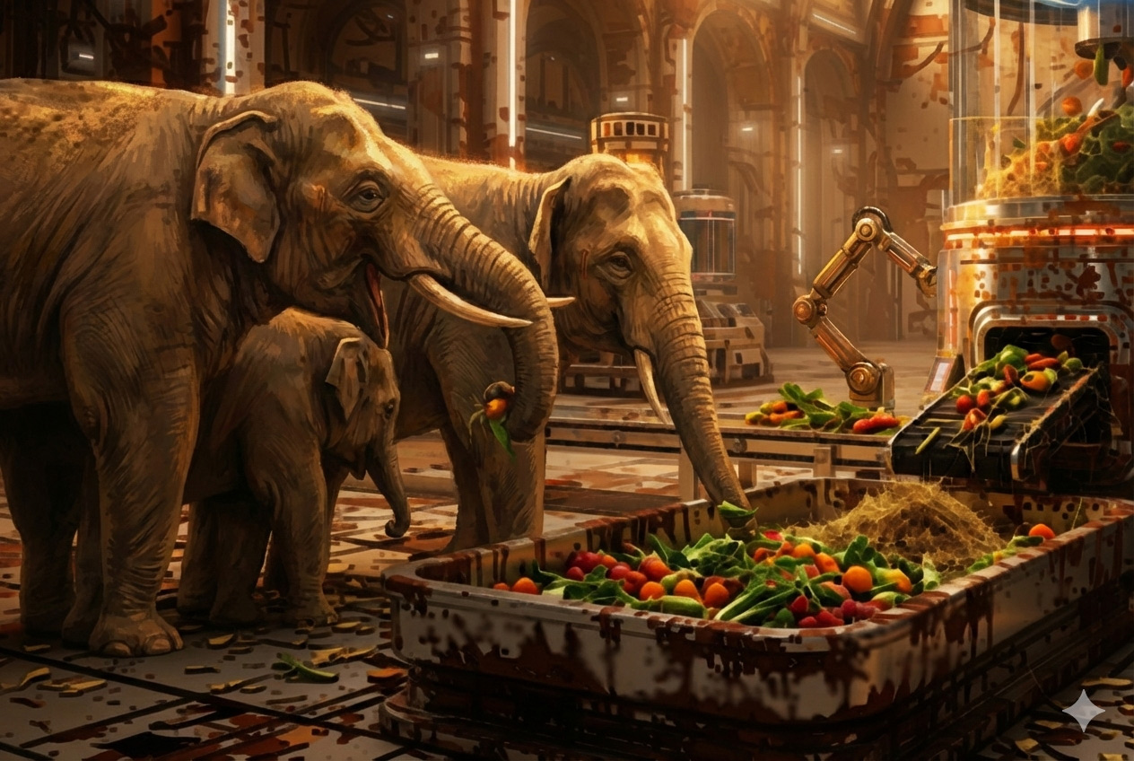 Elephant family eating from futuristic automated feeding troughs in an ancient city